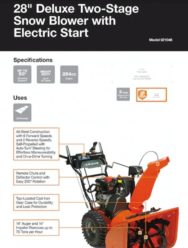 Ariens Deluxe 28 in. 2-Stage Electric Start Gas Snow Blower with Auto-Turn Steering Ariens Deluxe 28 in. 2-Stage Electric Start Gas Snow Blower with Auto-Turn Steering -Lawn & Garden shop 7724362 5